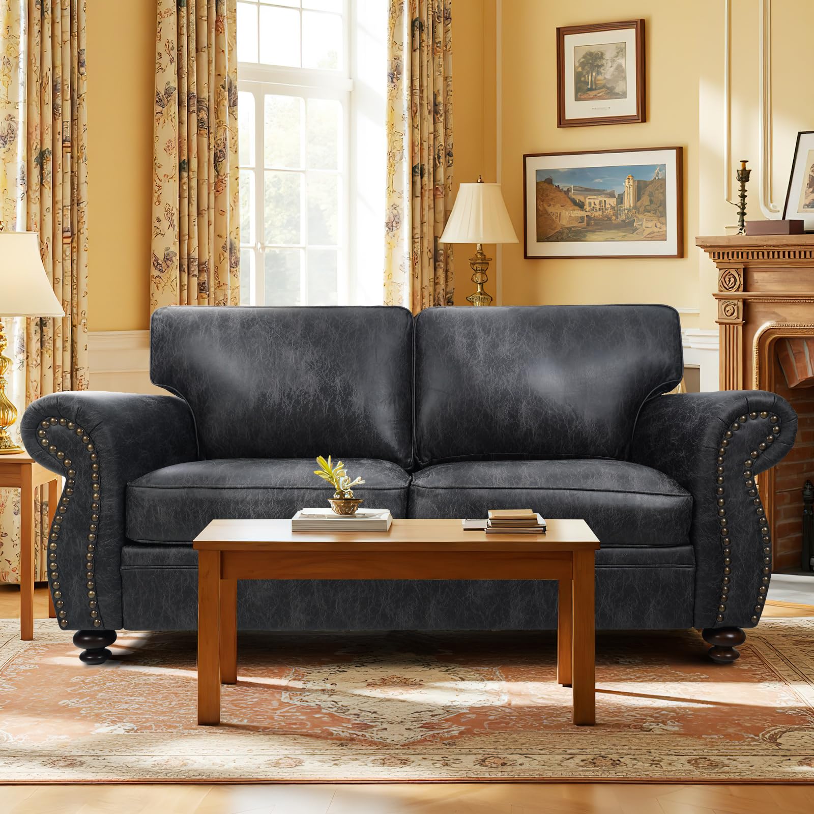 Mid-Century Vintage Sofa Couches with Rivet Design,loveseat Sofa,Removable Sofa Cover Upholstered Cushions and Solid Wood Frame (Grey, 3-Seater)