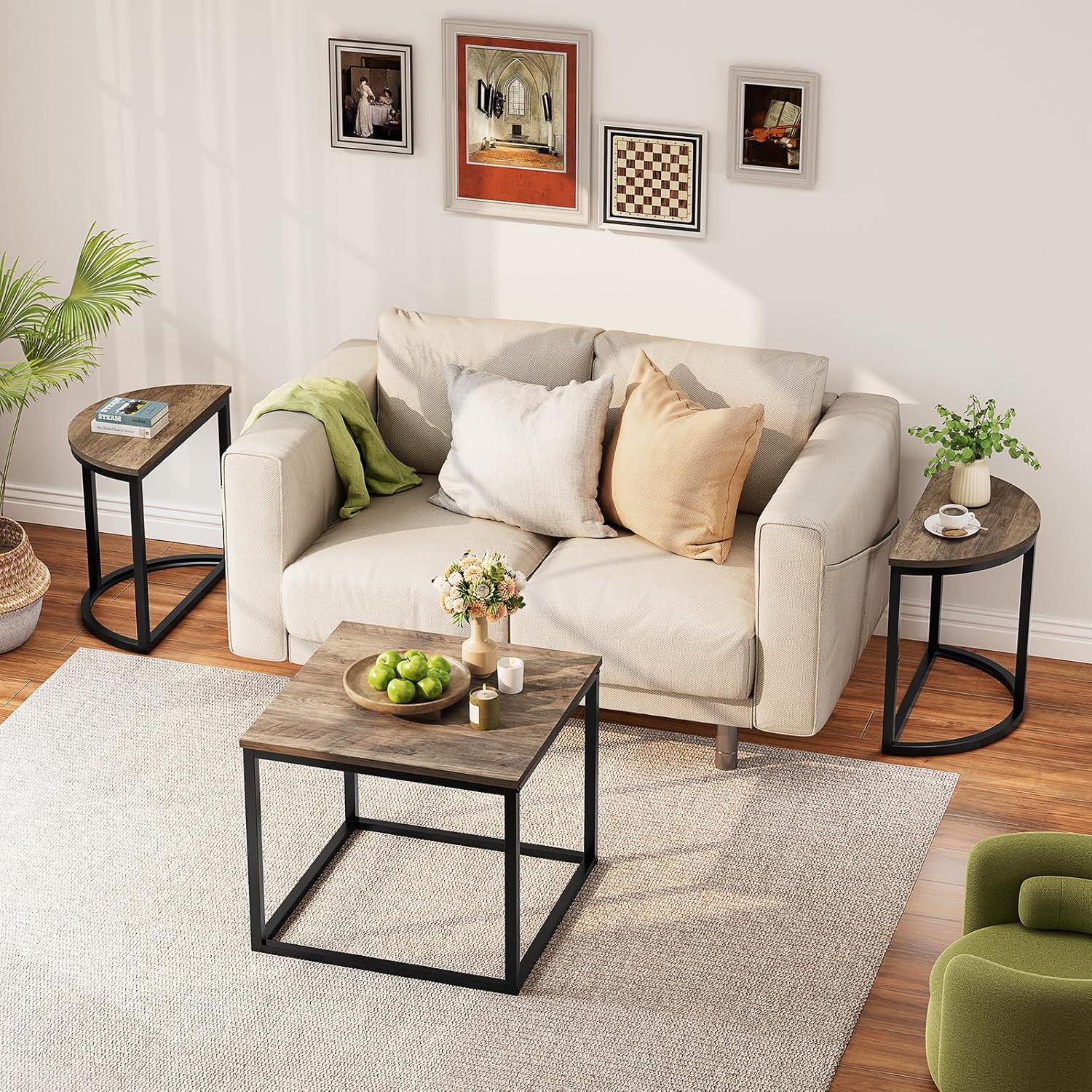 GreenForest Coffee Table Oval 3pcs Set, Modern Living Room Table with 2 End Tables, Small Center Table with Metal Frame for Home Apartment, Gray Wash