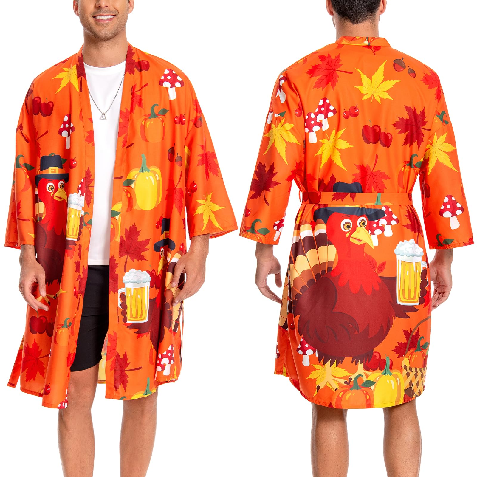 OLAOLA Men Lightweight Kimono Robe with Belt Japanese Style Robe Jacket Casual Open Front Long Cardigan Cape Coat Outwear