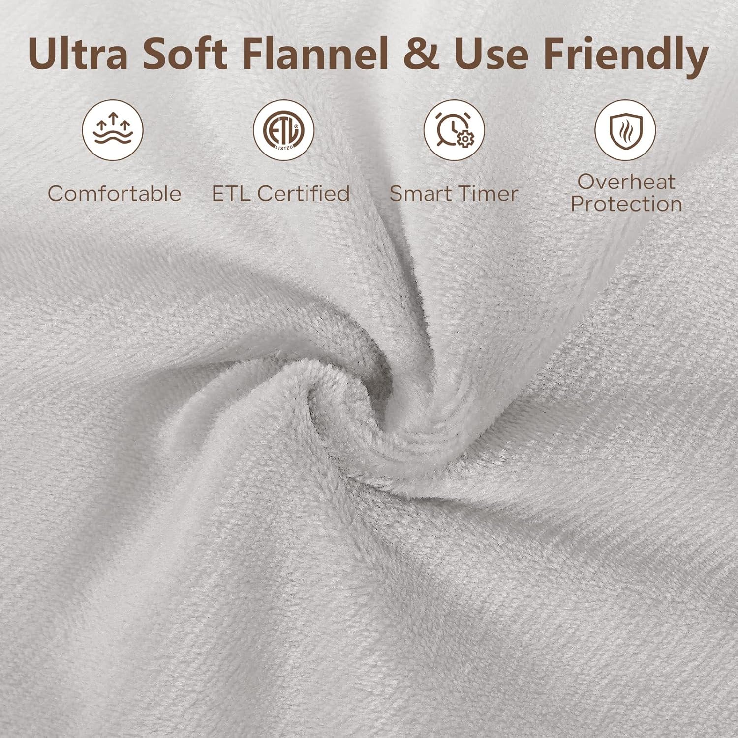 Electric Heated Blanket Queen Size with 6 Levels & 8h Auto Off, Ultra Soft Flannel Full Body Heating Blanket, Machine Washable, Warm Gray, 84" x 90"