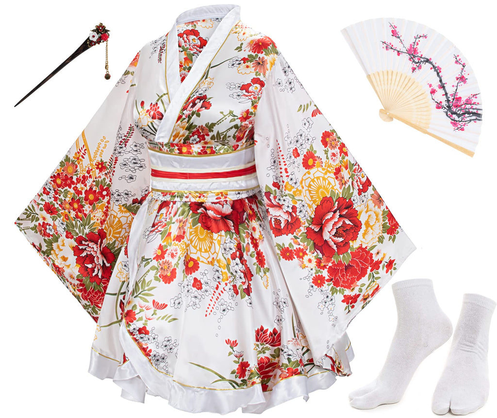Japanese Anime Women's Dance Kimono Robe Fancy Dress Hand Held Silk Folding Fans Tabi Hairstick Socks Set