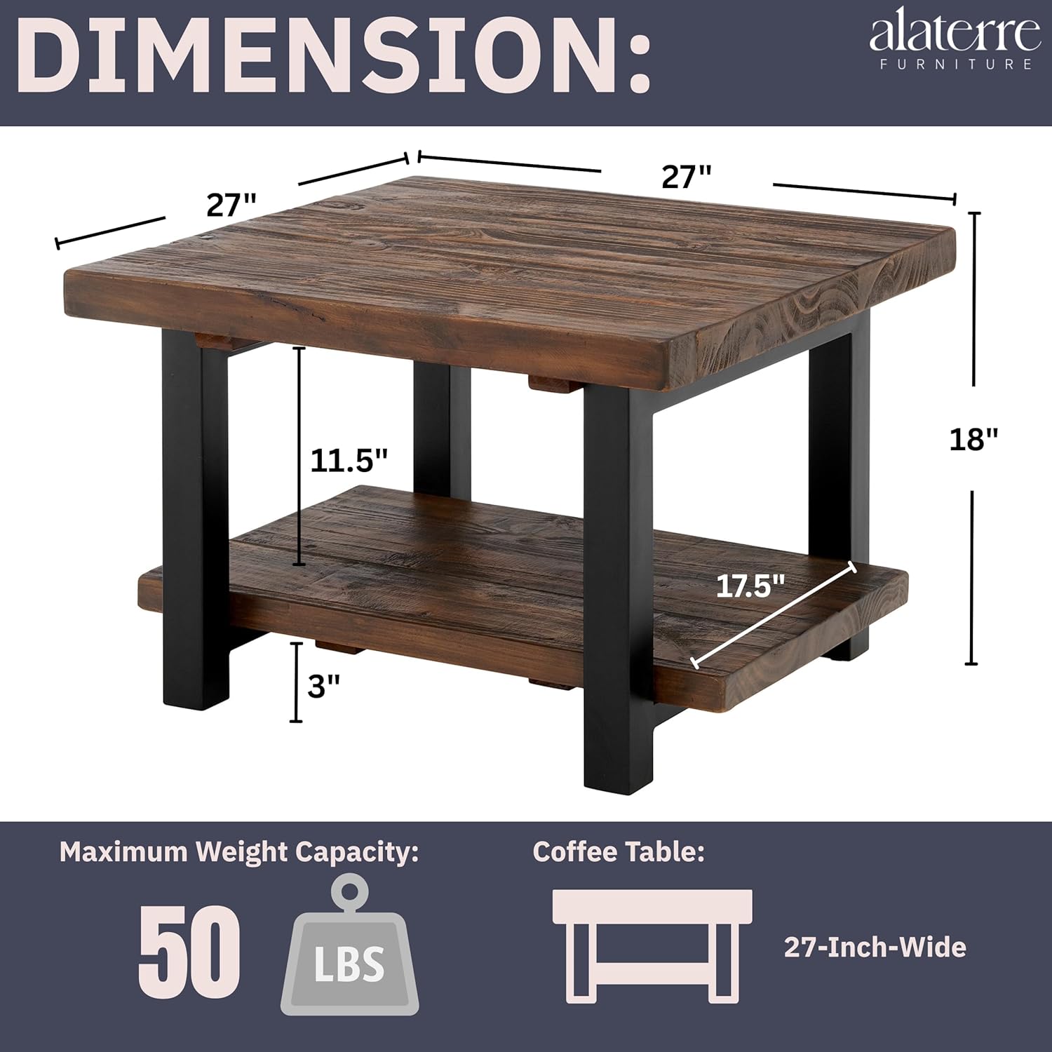 Pomona 27-Inch Rustic Square Coffee Table – Solid Pine Wood with Natural Weathered Finish and Industrial Metal Legs – Small Space Living Room Accent by Alaterre Furniture