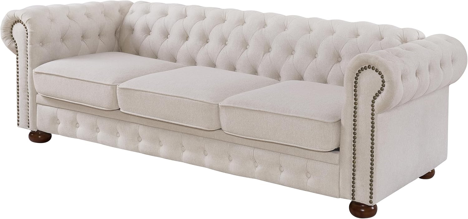 Chesterfield Sofa, 89" Mid Century Modern Couch with Low Back, Roll Arm Nailhead Trim Classic 3 Seater Couch for Living Room, Office, Apartment, Linen Beige