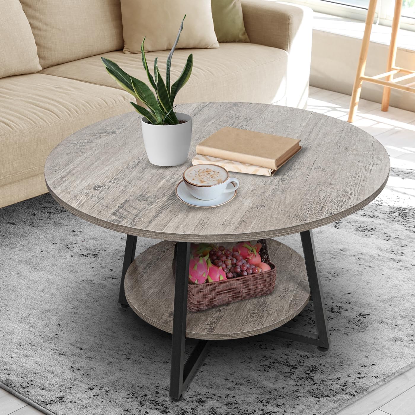 Round Coffee Table, 2-Tier Circle Coffee Table with Storage, Modern Wood Round Center Table, for Living Room, Small Space, Home Office, Easy Assembly, Wash Gray