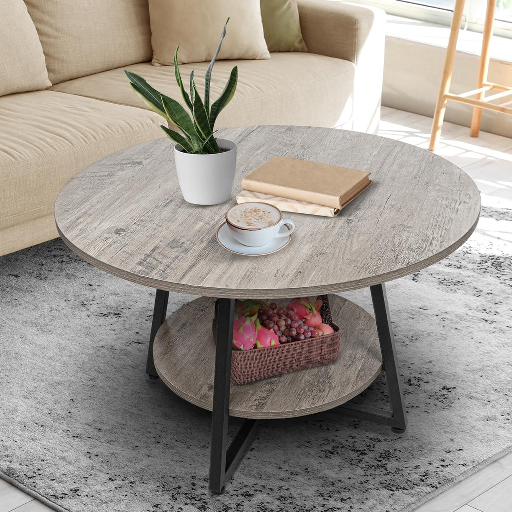 Round Coffee Table, 2-Tier Circle Coffee Table with Storage, Modern Wood Round Center Table, for Living Room, Small Space, Home Office, Easy Assembly, Rustic Brown