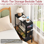 Yusong Small Narrow Side Table for Small Spaces, Slim End Table with Storage Bag, Sofa Snack Table with Adjustable Metal Mesh, 3 Tier Accent Skinny Beside Table for Living Room & Bedroom, Black Oak
