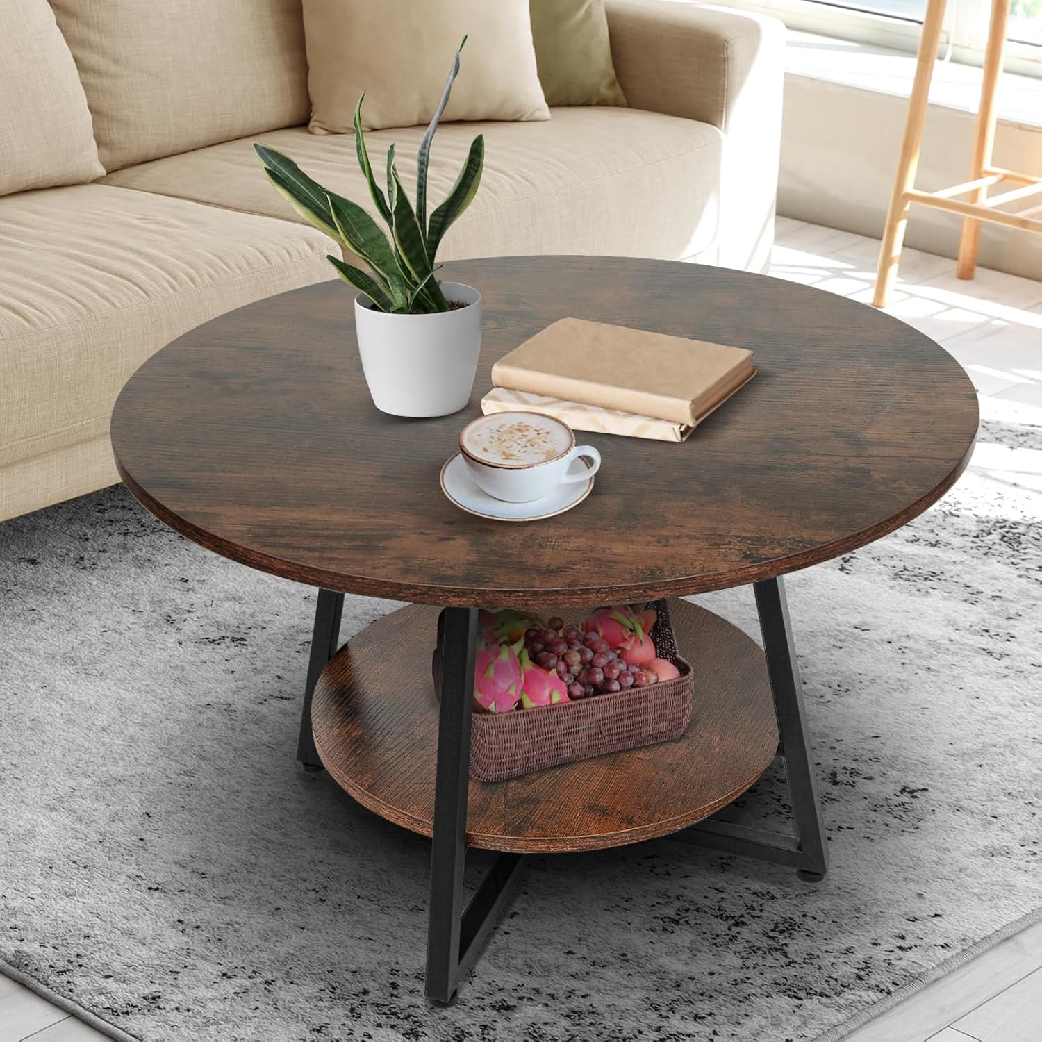 Round Coffee Table, 2-Tier Circle Coffee Table with Storage, Modern Wood Round Center Table, for Living Room, Small Space, Home Office, Easy Assembly, Rustic Brown