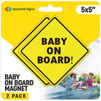 Baby On Board MAGNET Sign for Car - 2 Pack, 5" by 5" - Essential Magnetic Sticker for Bumper - Bright Yellow and Reflective - Best Safety Sign Accessories for Cars