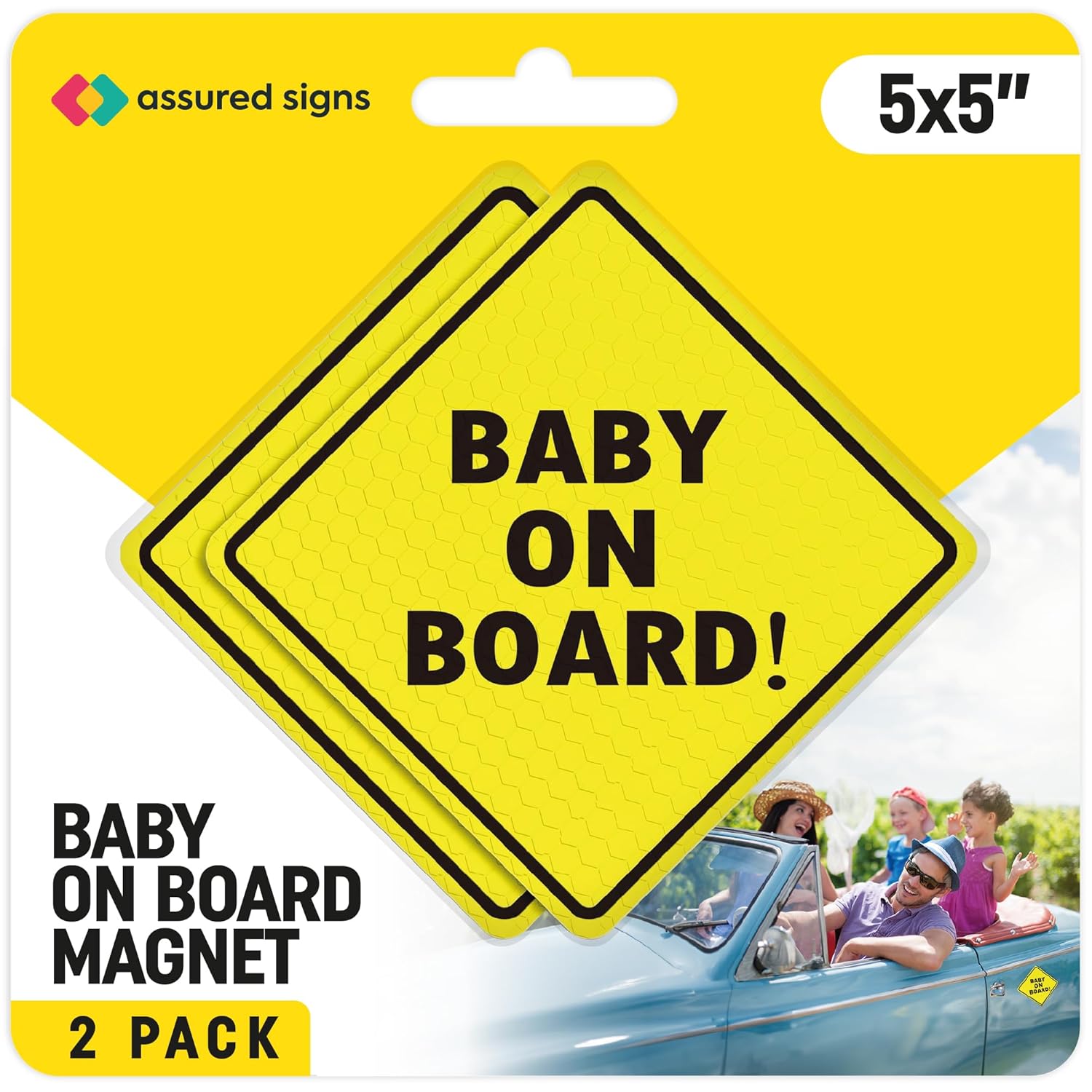Baby On Board MAGNET Sign for Car - 2 Pack, 5" by 5" - Essential Magnetic Sticker for Bumper - Bright Yellow and Reflective - Best Safety Sign Accessories for Cars