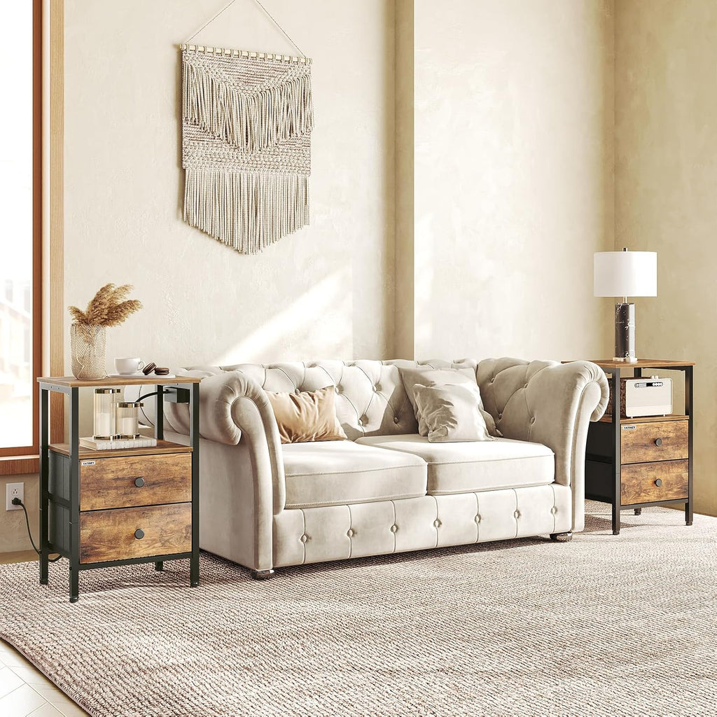 Nightstand Set 2, End Tables with Charging Station, Side Table with 2 Non-Woven Drawers, Bed Side Coffee Table for Small Spaces, Sofa, Dormitory, Living Room ET02L2BR