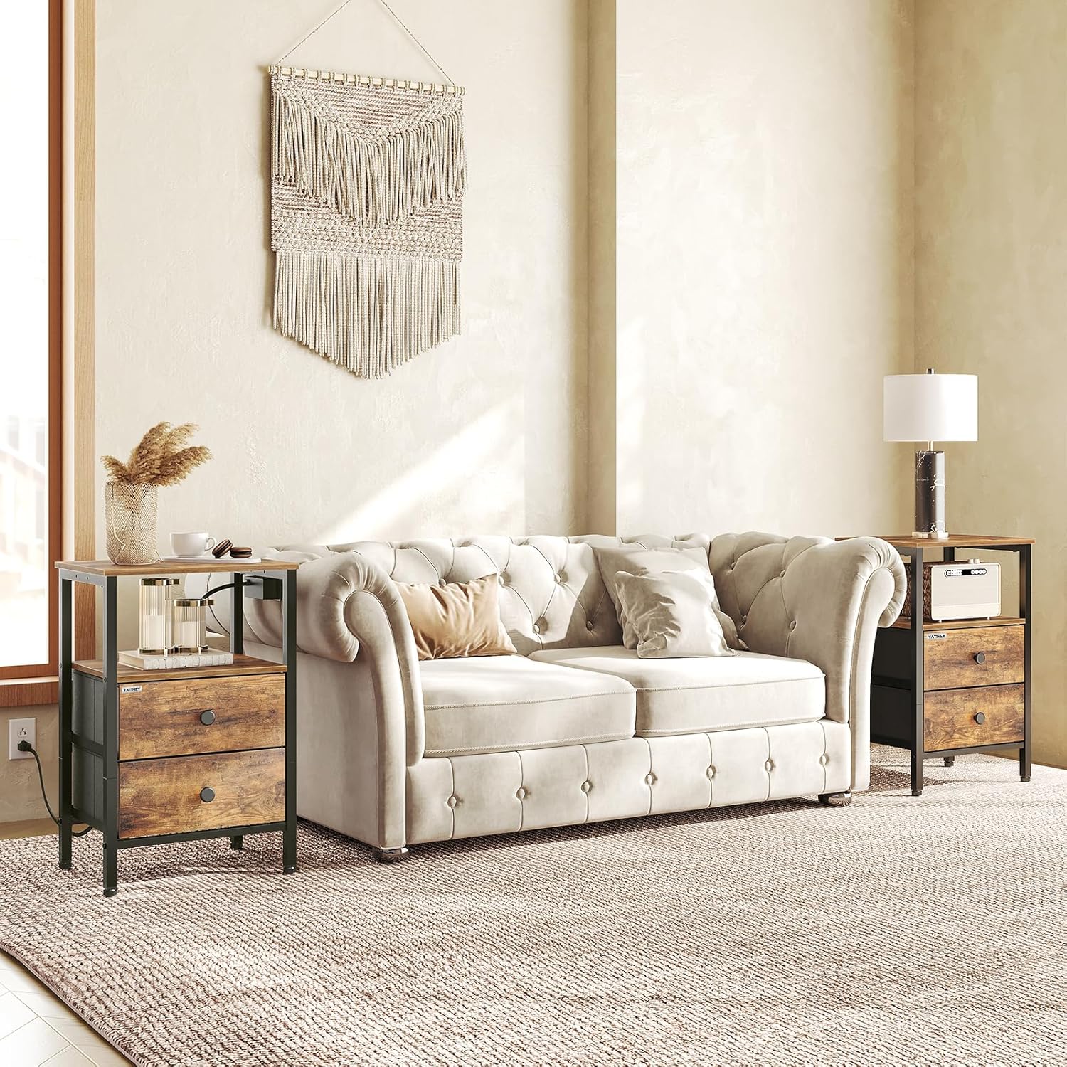 Nightstand Set 2, End Tables with Charging Station, Side Table with 2 Non-Woven Drawers, Bed Side Coffee Table for Small Spaces, Sofa, Dormitory, Living Room ET02L2BR