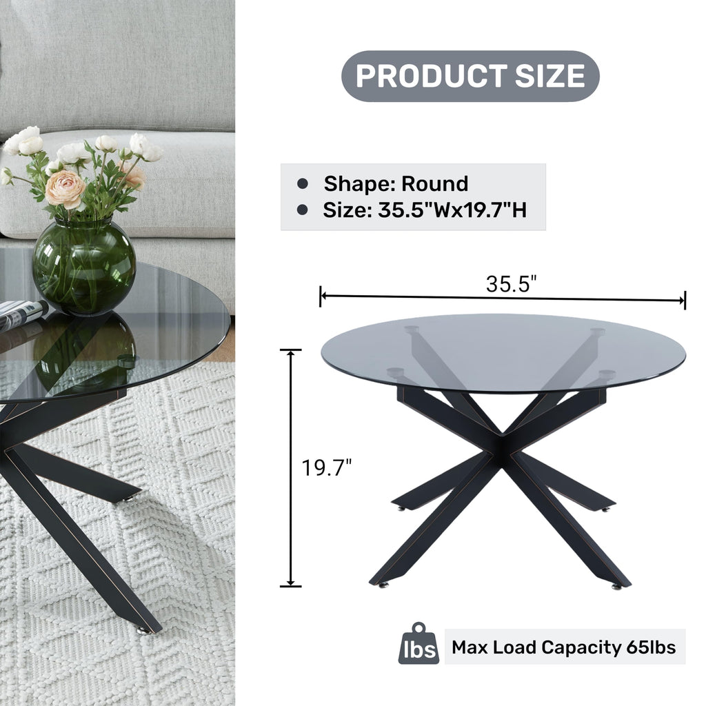 Round Glass Coffee Tables for Living Room, Home Office, Modern & Simple Center Table with Clear Tempered Glass Top, 35.5" Wx19.7 H Silver
