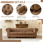 Chesterfield Leather Sofa, 89" Mid Century Modern Couch with Low Back, Roll Arm Nailhead Trim Classic 3 Seater Couch for Living Room, Office, Apartment, Faux Leather Brown