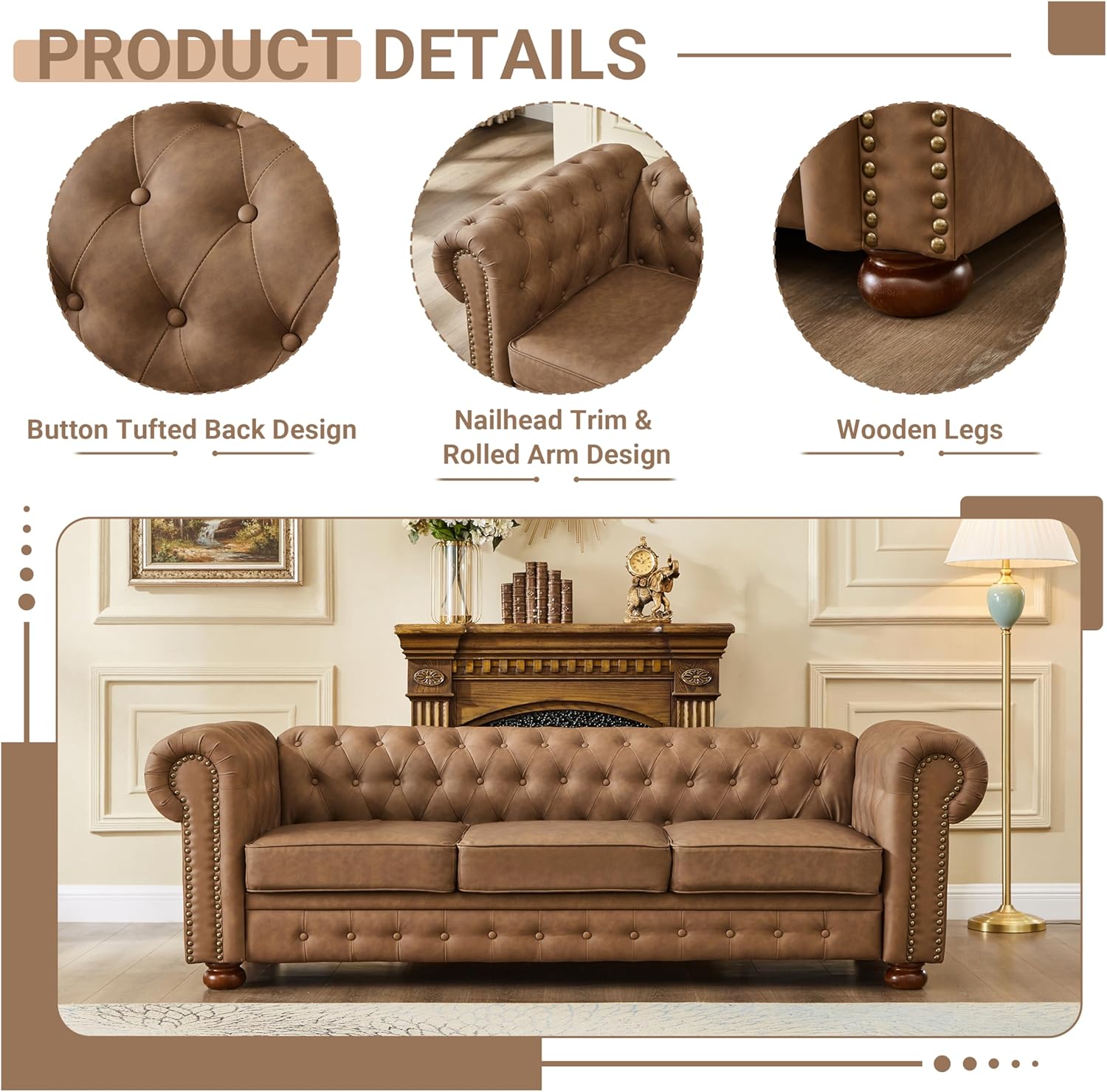 Chesterfield Leather Sofa, 89" Mid Century Modern Couch with Low Back, Roll Arm Nailhead Trim Classic 3 Seater Couch for Living Room, Office, Apartment, Faux Leather Brown