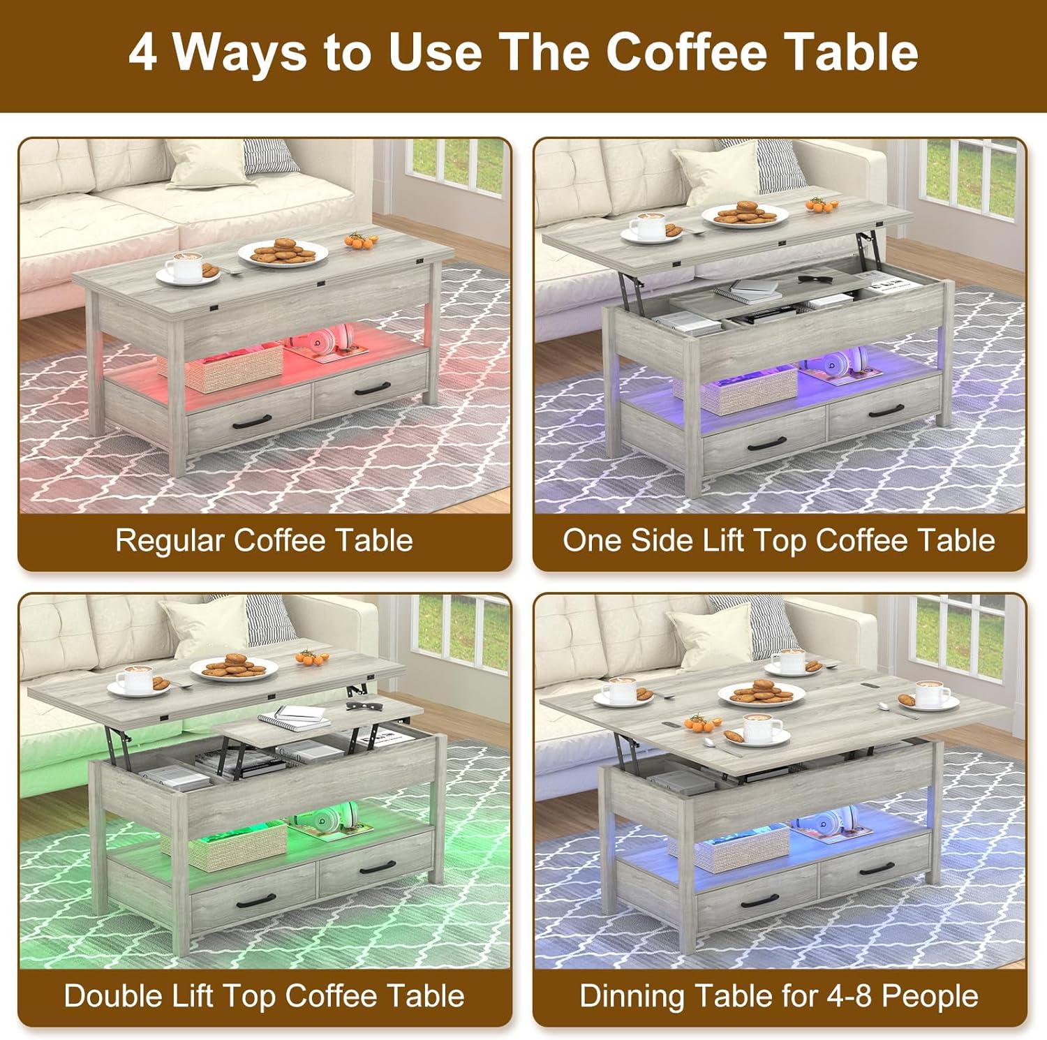 42'' Lift Top Coffee Table with LED, 4-in-1 Multifunctional Coffee Table with Drawers and Hidden Compartments, Converts to Dining Table for Living Room, Reception Room, Grey
