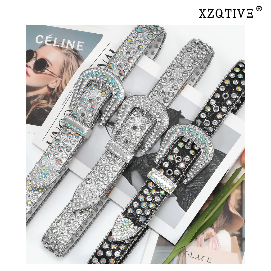 XZQTIVE Cowgirl Bling Studded Leather Belts for Jeans Pants with Rhinestone and Western Silver Buckle, Unisex(All Silver, Fit waist 30-32 inch)