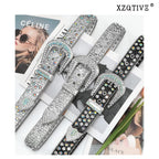XZQTIVE Cowgirl Bling Studded Leather Belts for Jeans Pants with Rhinestone and Western Silver Buckle, Unisex(All Silver, Fit waist 30-32 inch)