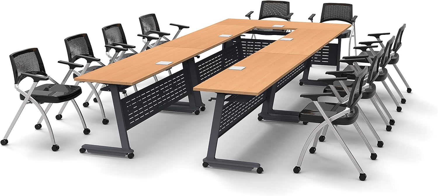 10 Person Tables Training Meeting Seminar Classroom Model 5602 15pc Beech Folding Industrial Caster Z-Base. Tables Connect. Modesty Panel, Shelf, Power+USB Outlet. Fold+Nest (Seating Included).