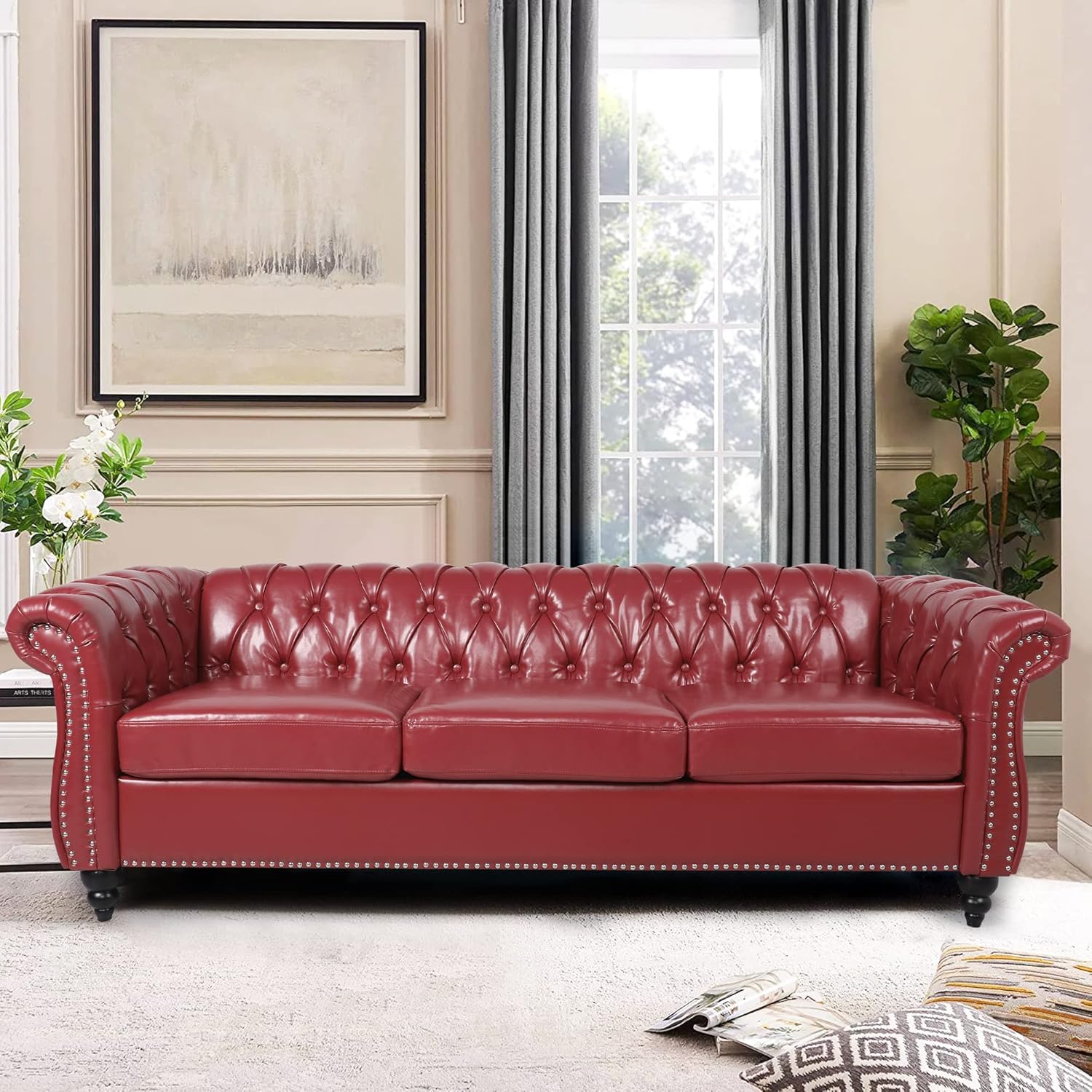 AVZEAR Chesterfield Loveseat Sofa, Upholstered Sofa Modern 2 Seater Couch Sofa Set Style Button Tufted, Mid-Century PU Chesterfield Sofa for Living Room Apartment, PU Black