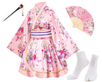 Japanese Anime Women's Dance Kimono Robe Fancy Dress Hand Held Silk Folding Fans Tabi Hairstick Socks Set