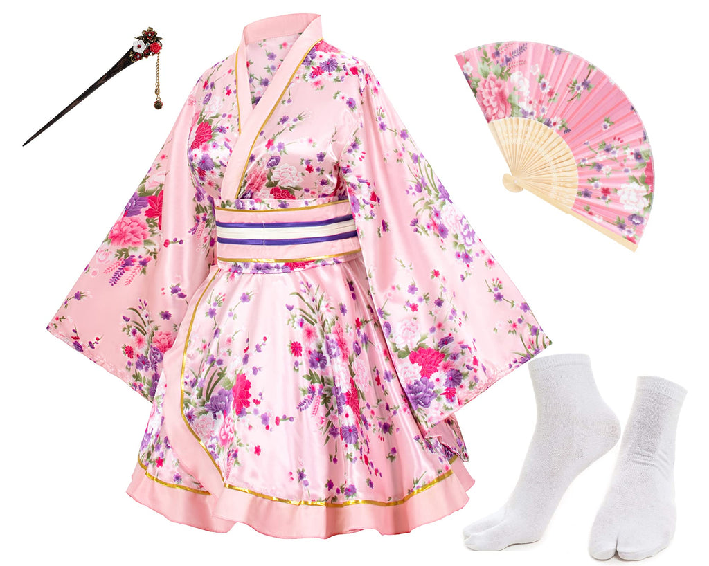 Japanese Anime Women's Dance Kimono Robe Fancy Dress Hand Held Silk Folding Fans Tabi Hairstick Socks Set
