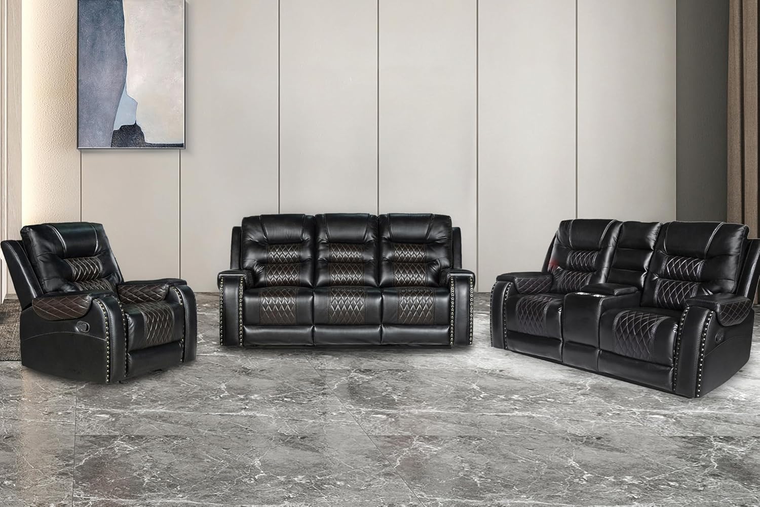 PU Leather Sofa Set, 3 Pieces Living Room Set with Cup Holders, Manual Recliner Sofa &Loveseat & Chair, Black