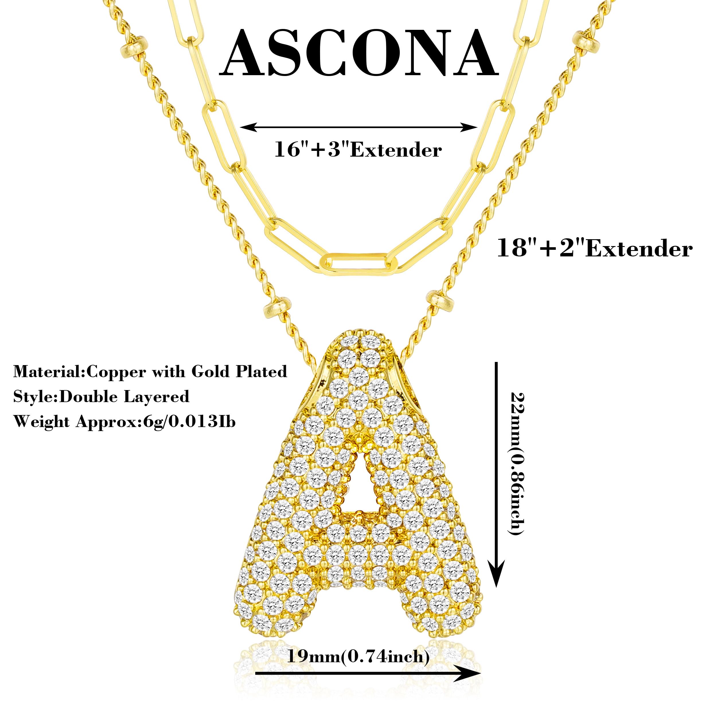 Ascona Bubble Letter Halskette Gold, Ballon Anfangsbuchstabe A Schicht Layered Halsketten Strass Buchstaben Anhänger Kette Gestapelte Halsketten für Frauen Schmuck Geschenk