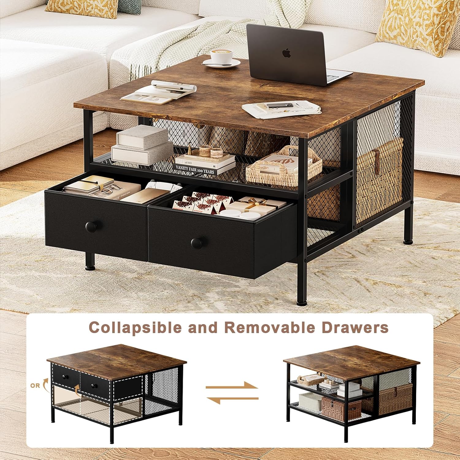 FABATO Flip Top Coffee Table, Square Coffee Tables Metal Wood, Farmhouse Lift Up Coffee Table Cocktail Table with Wire Mesh Barn Door and Storage, Steel Frame, Small Tea Table for Living Room, Black