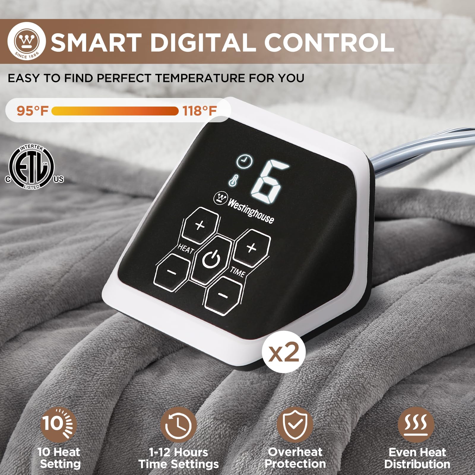 Westinghouse Heated Blanket Queen Size, Soft Flannel to Sherpa Electric Blanket with 10 Heating Levels, 12 Hours Auto Off, Fast Heating Blanket, Machine Washable, 84x90 Inch, Charcoal