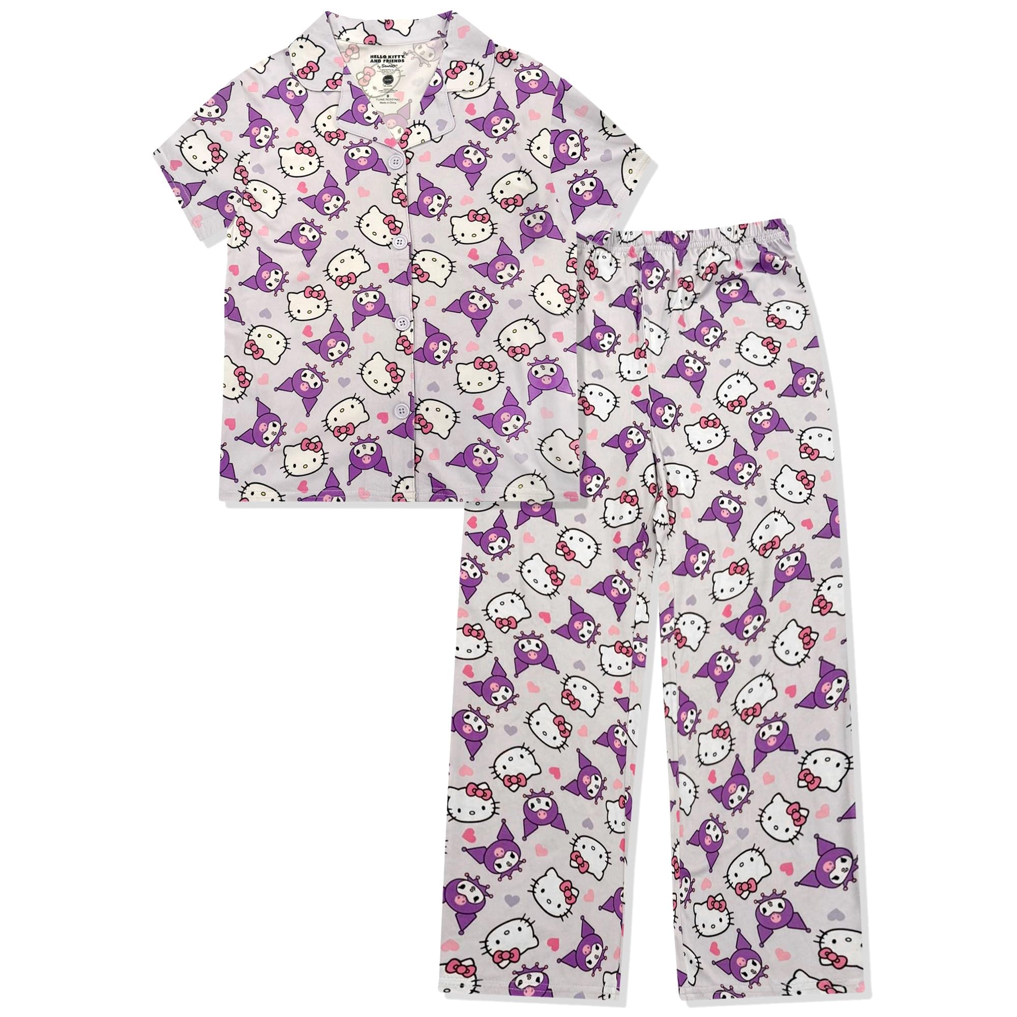 Hello Kitty Girls Pajama Set - 2 Piece Girls Pjs Button Down Short Sleeve & Pants For Kids - Official Product