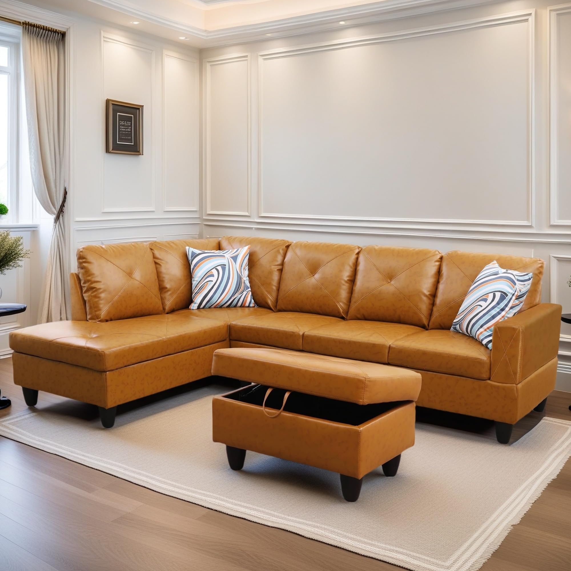 Leather Sectional Couch, Modern L Shaped Couches for Living Room, Comfy 4 Seat Modular Sectional Sofa with Ottoman Storage for Bedroom Apartment, Black