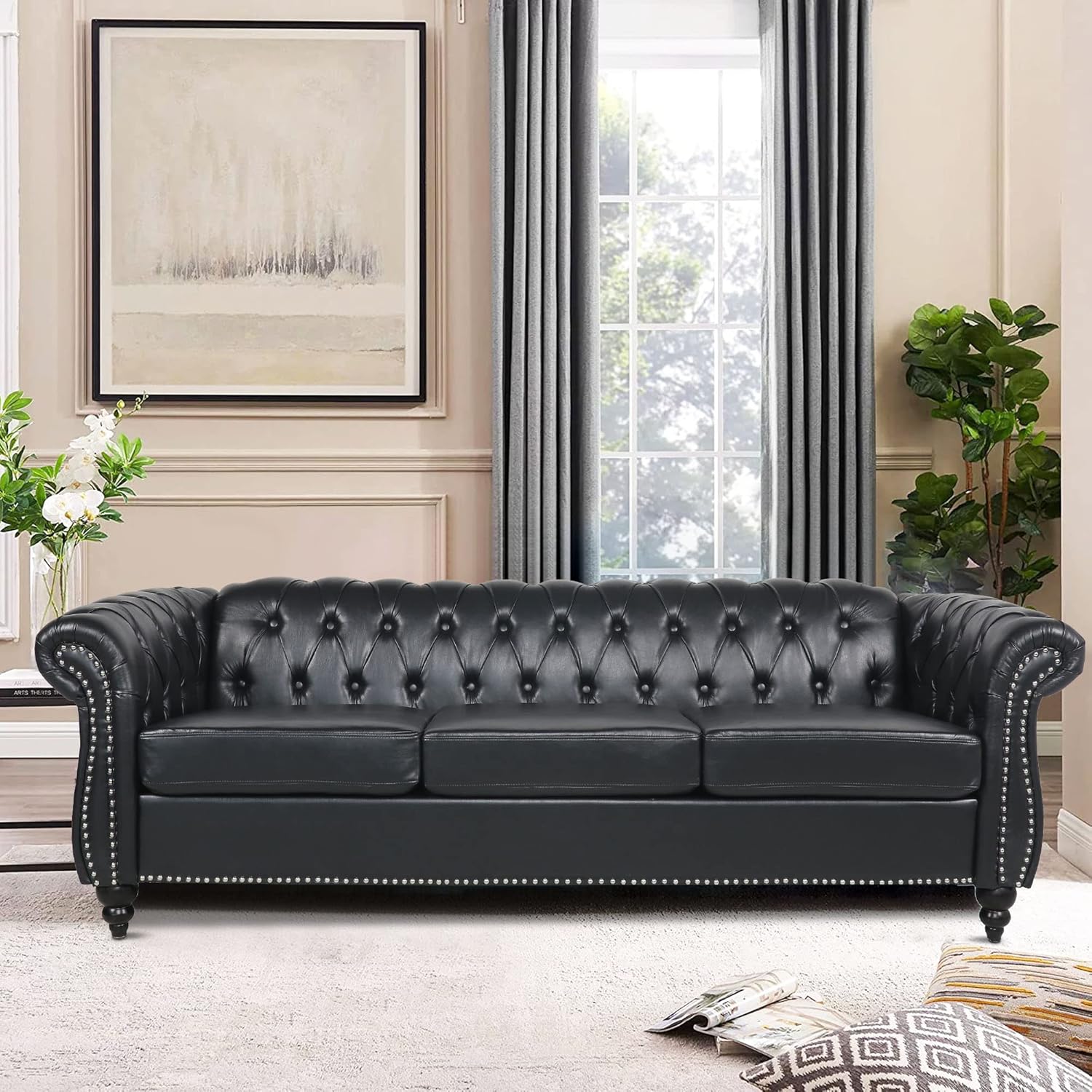 LEVNARY Chesterfield Sofa, Classic Tufted Upholstered Leather Couch, Modern 3 Seater Couch Furniture with Tufted Back for Living Room Office (Black)