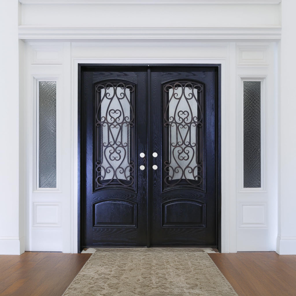 72" x 80" Environment Damage Resistant Polyurethane Composite Exterior Entry House Front Door, Wrought Iron Door w/Openable Tempered Rain Glass Window, Right-Hand Double Espresso