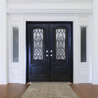 72" x 80" Environment Damage Resistant Polyurethane Composite Exterior Entry House Front Door, Wrought Iron Door w/Openable Tempered Rain Glass Window, Right-Hand Double Espresso