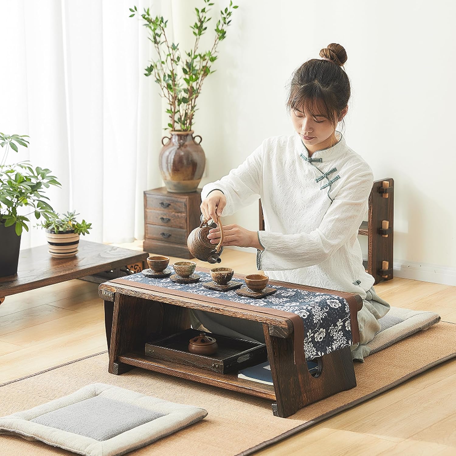 Elegant Japanese Floor Table, Meditation Table with Folding Legs, Smooth Surface, Versatile, Lightweight Paulownia Wood