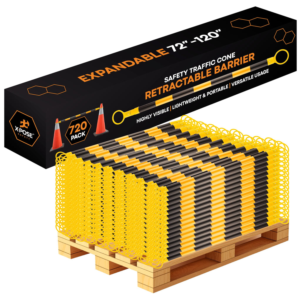 Retractable Barrier for Safety Traffic Cones - 2" OD - Large Yellow and Black Bar Barricade - for Road Construction, Parking, Warning, Temporary Security Divider (40, Orange & White, 72" x 120")
