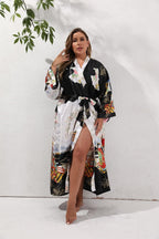 Women's Floral Long Satin Robes Plus Size Long Silk Robes Peacock Floral Kimonos Sleepwear Dressing Gown