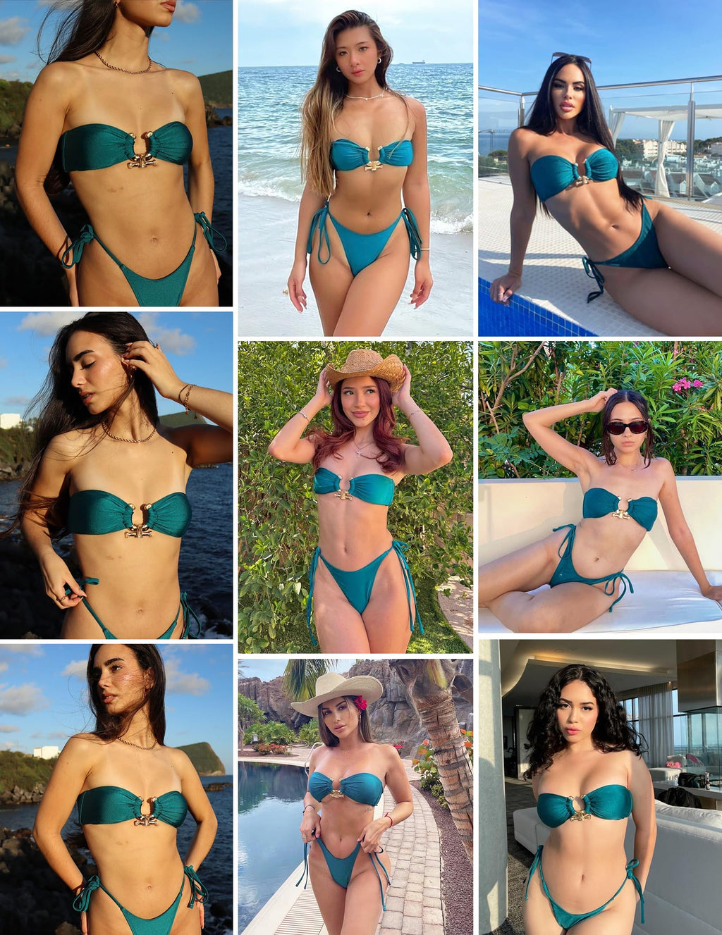 ZAFUL Glitter Strapless Bikini 2 Piece Bandeau Swimsuits Thong Swimwear for Women Green M