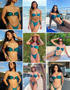 ZAFUL Glitter Strapless Bikini 2 Piece Bandeau Swimsuits Thong Swimwear for Women Green M