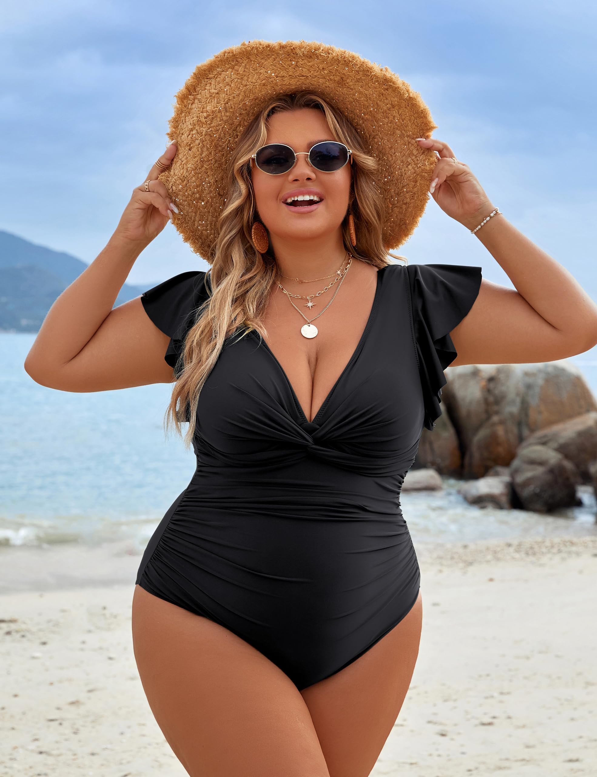 Blooming Jelly Womens Tummy Control Swimsuit Cute One Piece Bathing Suits V Neck Ruffle Black Swimwear (XX-Large,Black)