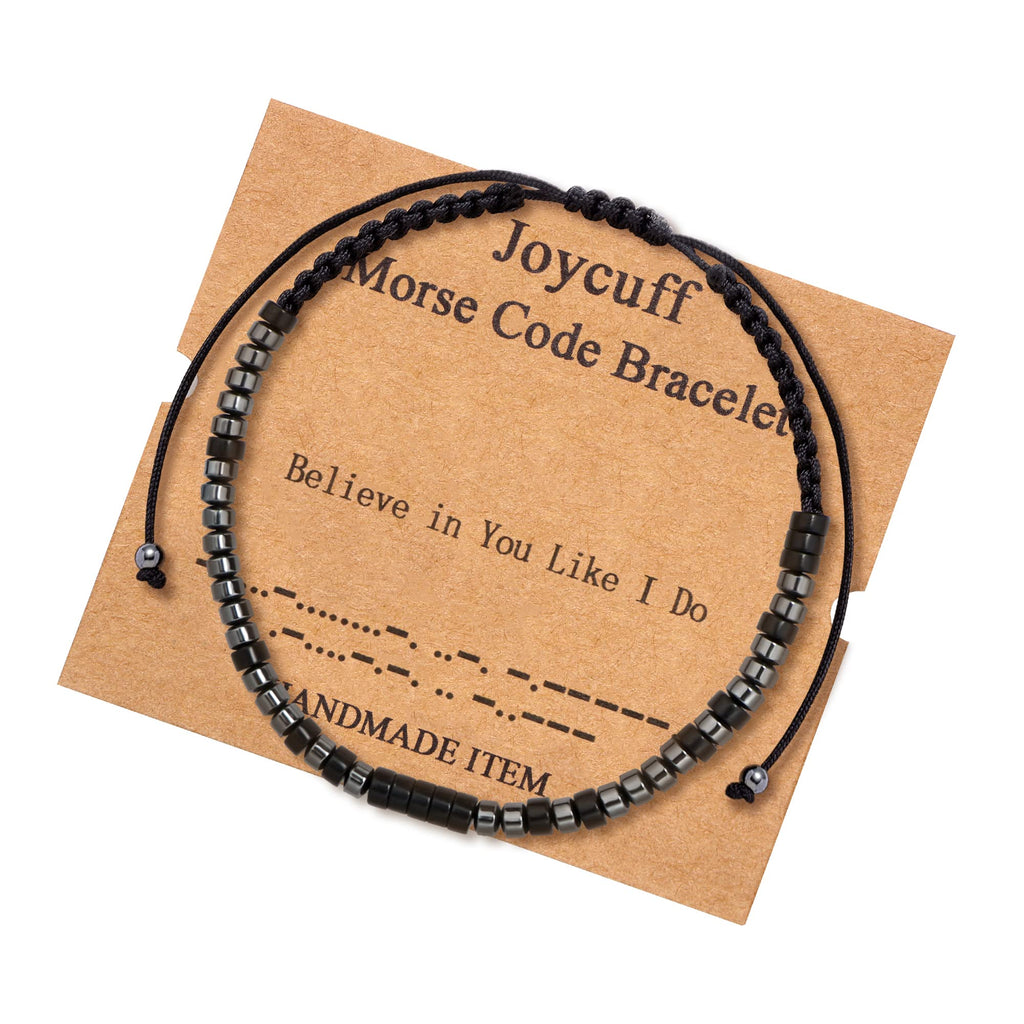 JoycuFF Believe in You Like I Do Morse Code Bracelets for Women Men Daughter Son Sister Friends Classmates Birthday Christmas Graduation Jewelry Gifts Cord Wrap Black Stone Beads Bracelets