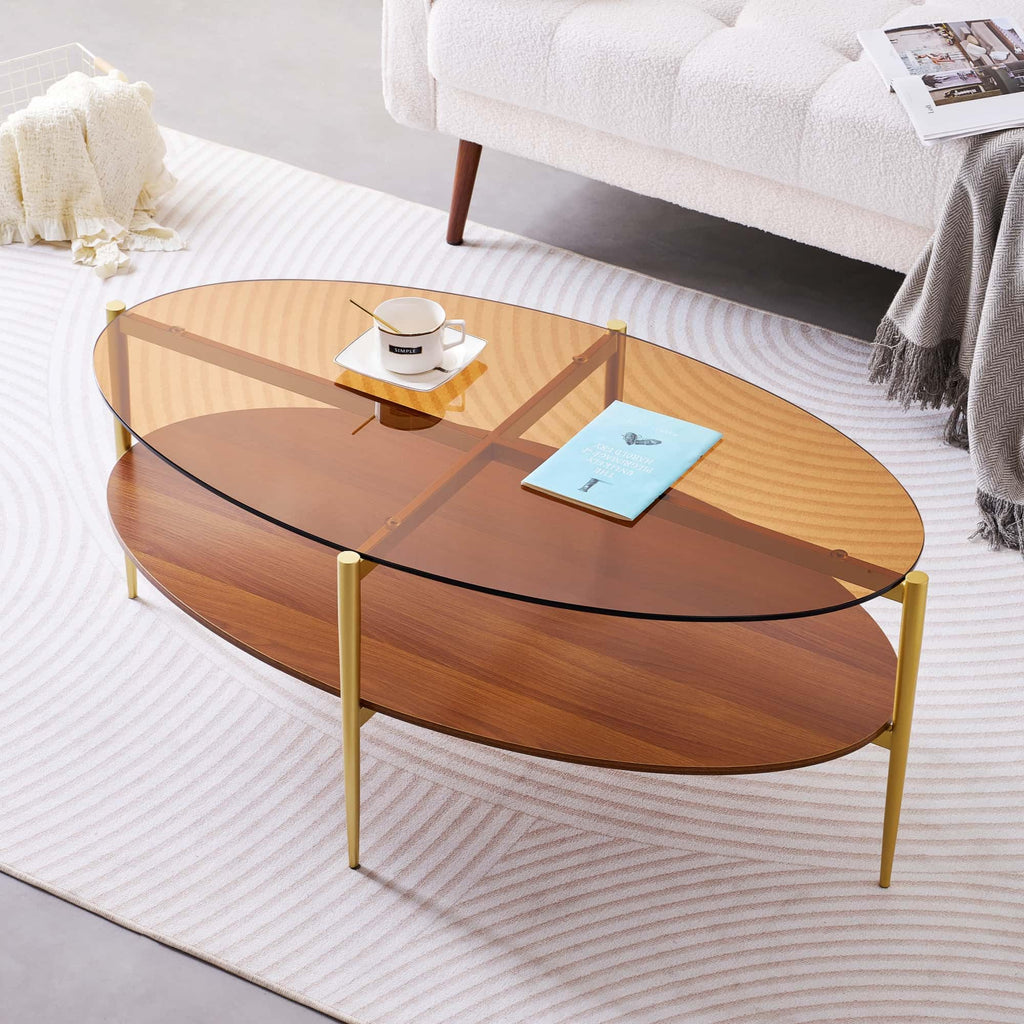 Extra Large Round Coffee Table, Mid-Century Modern Design, D34 x H17 in, for Living Room, 2-Tier Structure, Amber Glass Top and Walnut MDF Shelf, Sleek Conical Metal Legs with Gold Finish