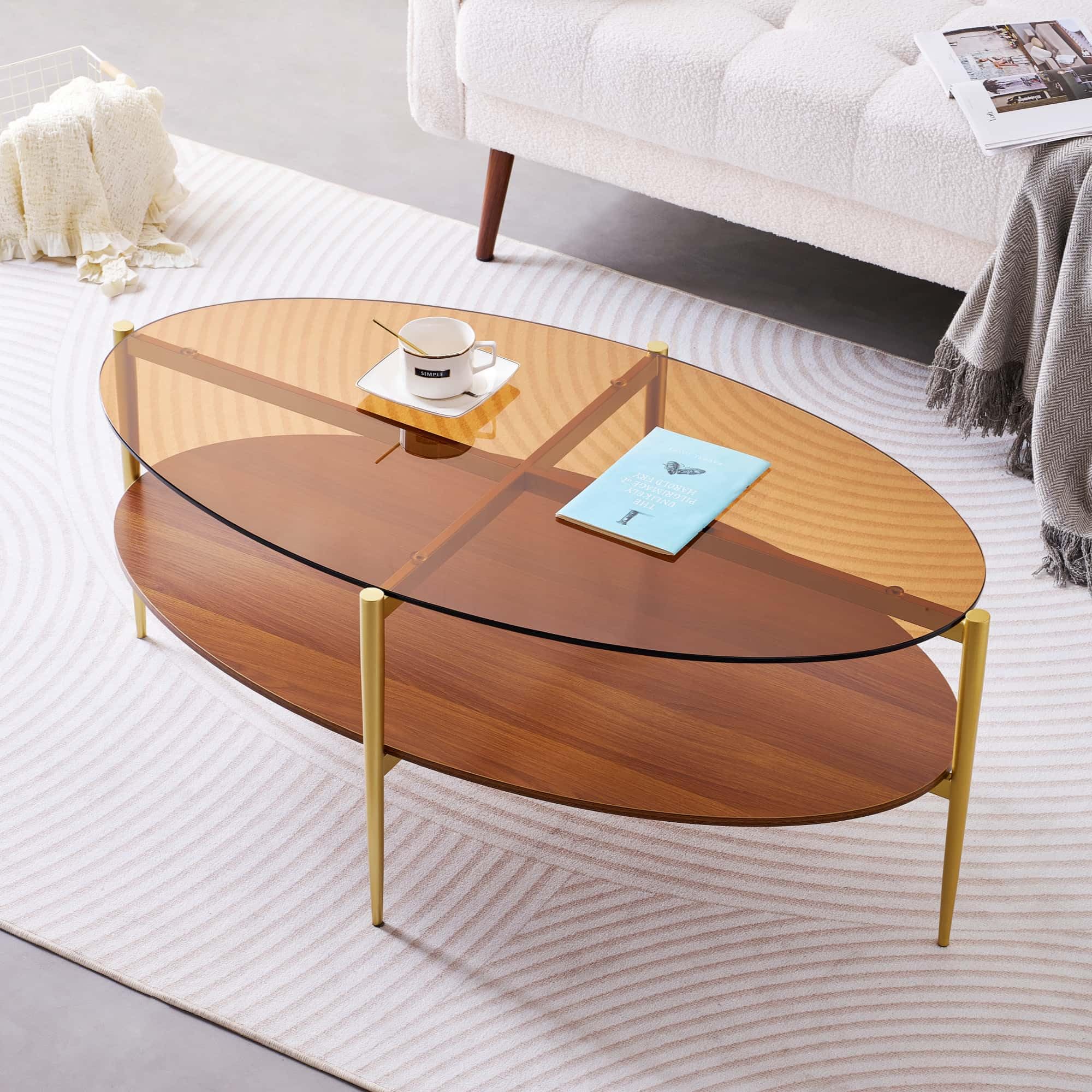 Extra Large Round Coffee Table, Mid-Century Modern Design, D34 x H17 in, for Living Room, 2-Tier Structure, Amber Glass Top and Walnut MDF Shelf, Sleek Conical Metal Legs with Gold Finish
