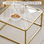 Coffee Table Glass, Minimalist Square Tables for Living Room, Modern Center Table for Office or Small Space, Tempered Glass, Sturdy Metal Frame, Easy Assembly, 26.4 x 26.4 x 15.7 Inches, Gold