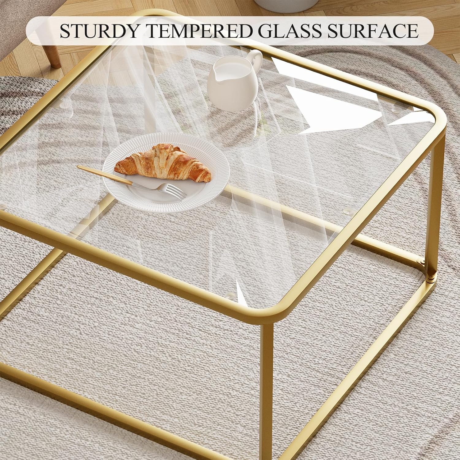 Coffee Table Glass, Minimalist Square Tables for Living Room, Modern Center Table for Office or Small Space, Tempered Glass, Sturdy Metal Frame, Easy Assembly, 26.4 x 26.4 x 15.7 Inches, Gold