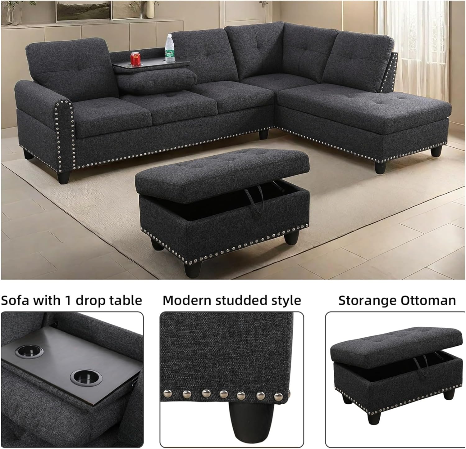 L Shaped Sectional Couches, Modular Sectional Sofa with Ottoman Storage, Nail-Head Design Lounge Sofa with Reversible Cup Holder for Living Room, Bedroom, Gray