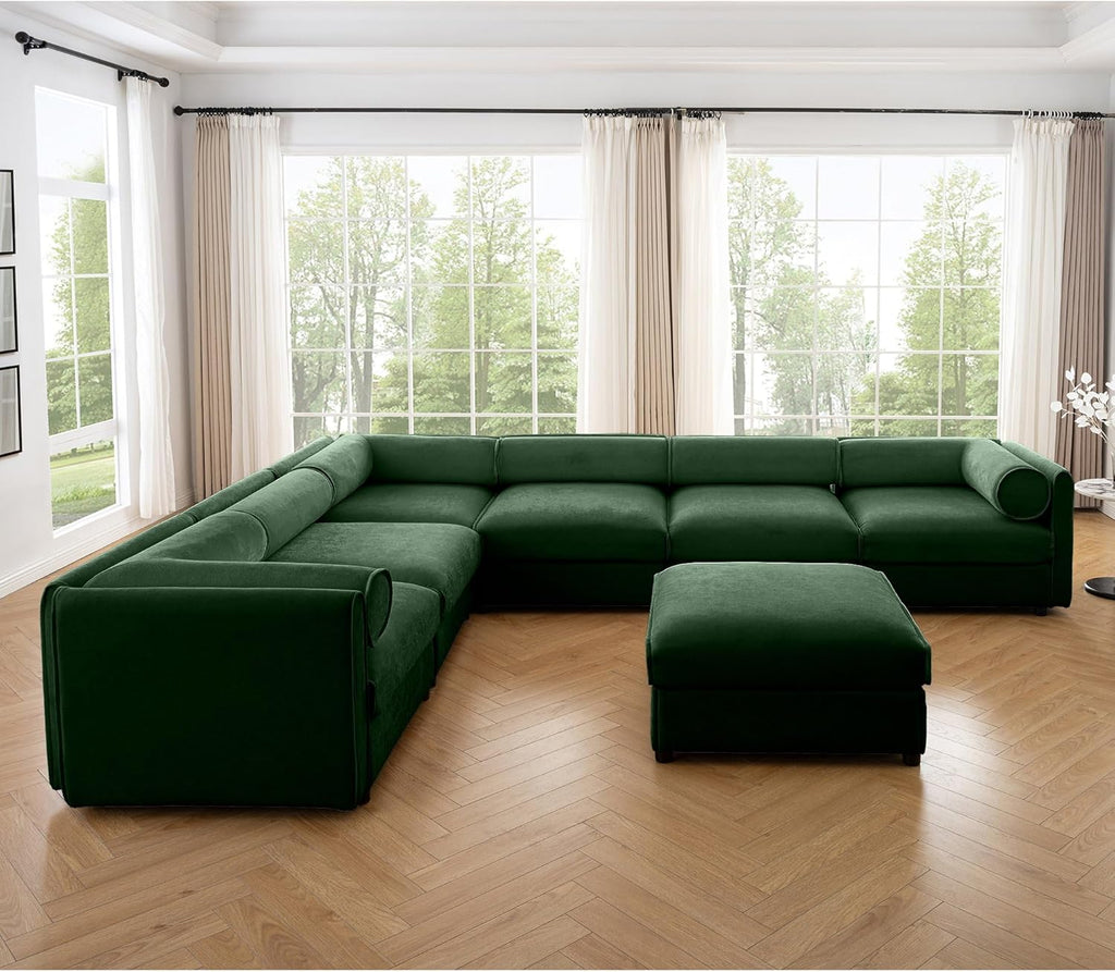 Large Sectional Couches for Living Room, Corner Couch with Storage Chenille Sectional Sofa, Cylindrical Backrest and Armrests 6 Seats,Green
