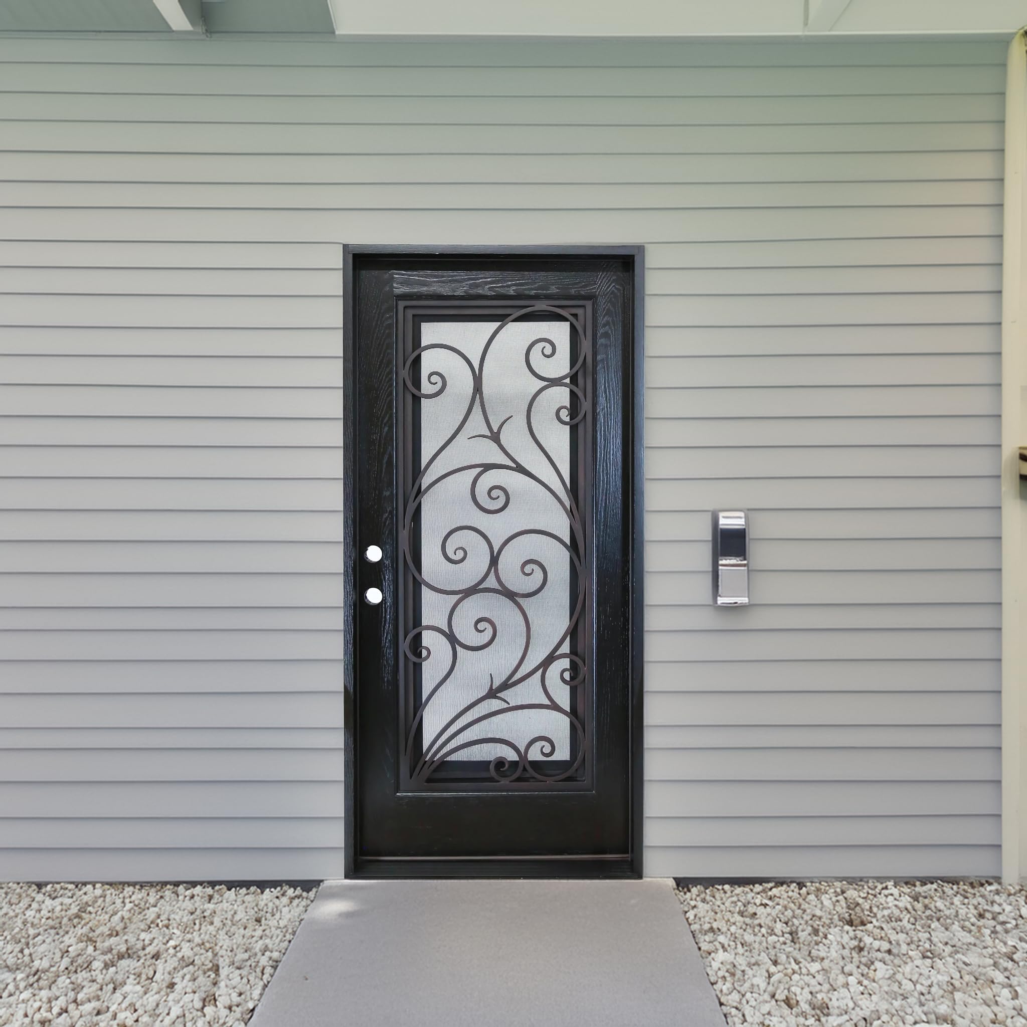 Porte d'entrée extérieure composite en polyuréthane résistante aux dommages environnementaux 36" x 80", fenêtre en verre trempé ouvrable, battant unique à droite s'ouvrant vers l'intérieur, espresso FR08