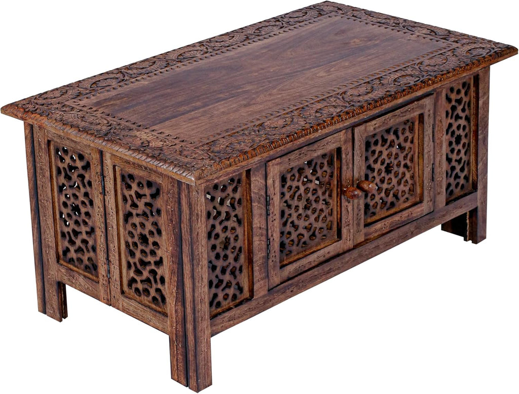 Hand-Carved Wooden Coffee Table – 36” x 18” Rectangular Mango Wood Center Table with Storage, Natural Burnt Finish, Living Room & Accent Table