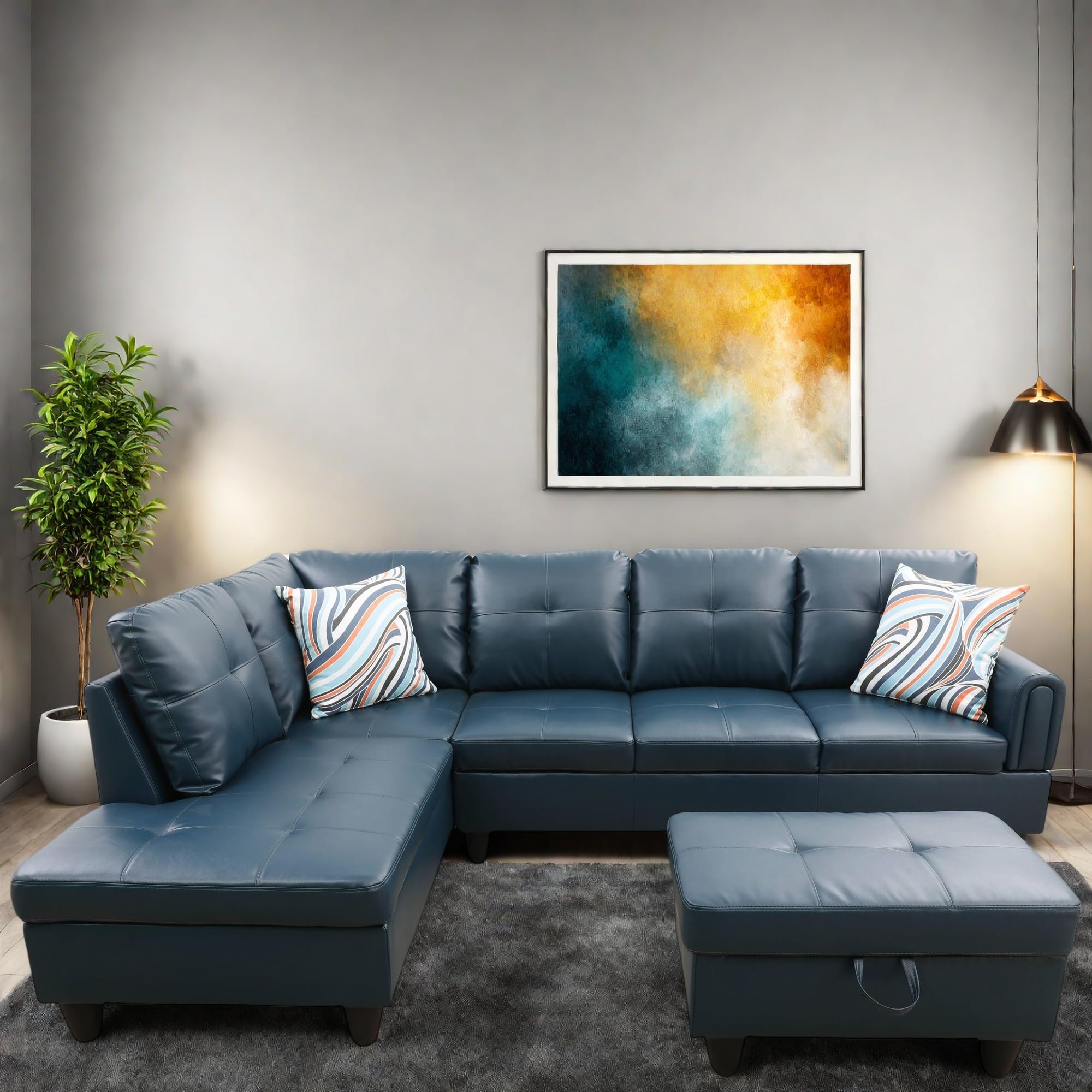 L Shaped Couch, Lounge Sectional Sofa with Chaise for Living Room, 6 Seat Modern Modular Couches with Movable Storage Ottoman, Black Grey